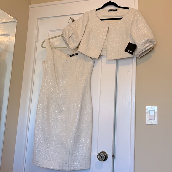 New STUNNING Ellen Tracy Ivory & Silver Abstract Snake Dress & Jacket Topper 8 - Picture 4 of 10